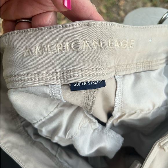 AMERICAN EAGLE SUPER STRETCH LOW RISE FLARE LEG SCHOOL TAN KHAKI UNIFORM PANTS - Picture 8 of 9